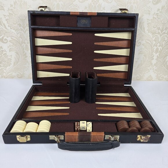 Reiss Backgammon Game in Travel Briefcase Cups Dice Chips Vintage - Picture 1 of 15
